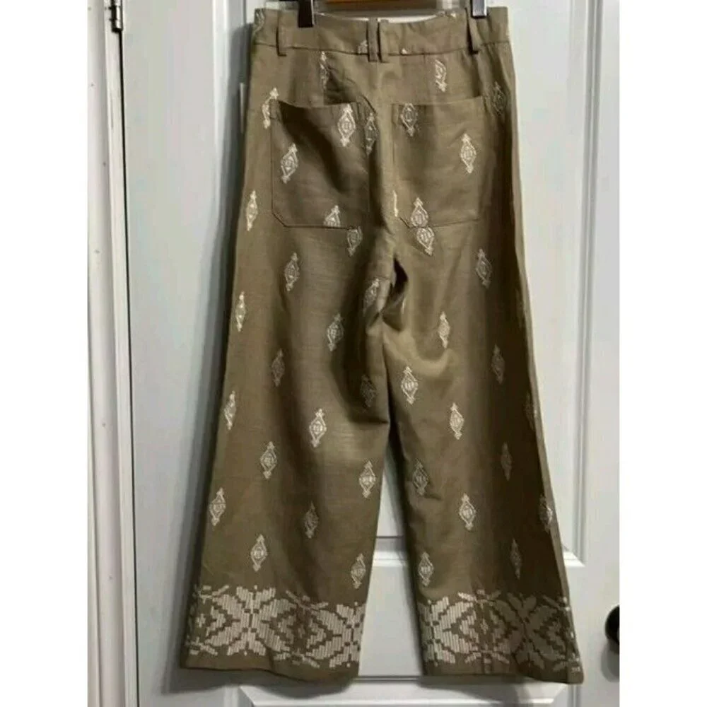 ZARA Linen Blend Embroidered Wide Leg Crop Pants Beige Blogger F 2731 047